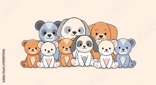 A cute gathering of plush toy bears and dogs sits together on a light background