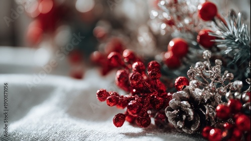 Wallpaper Mural Festive holiday sparkle, red berry delight and silver pinecone cheer still life Torontodigital.ca