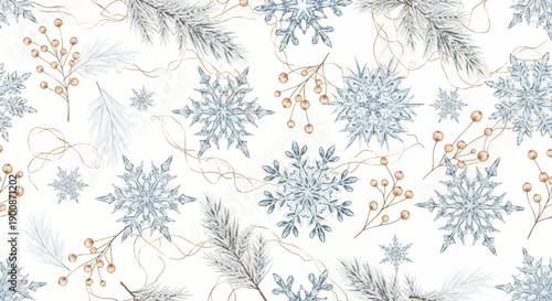 Elegant winter wonderland scene with snowflakes and frosted pine branches