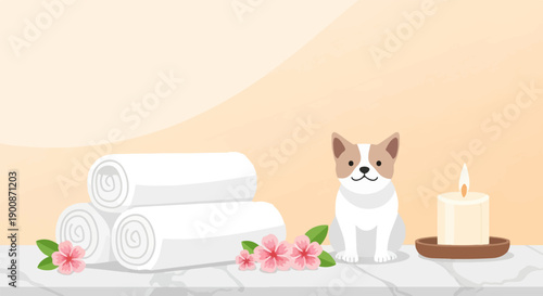 A cute dog sits by spa towels and a lit candle on a marble surface