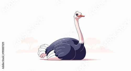A cartoon ostrich rests peacefully on the ground with trees in the background