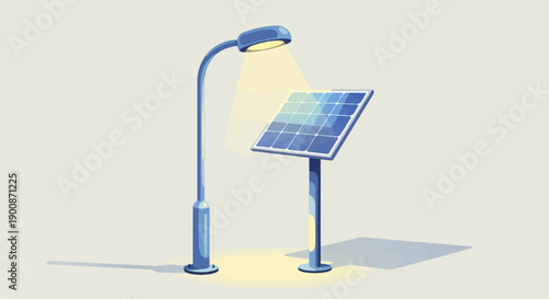 A blue streetlamp is illuminated by a nearby solar panel