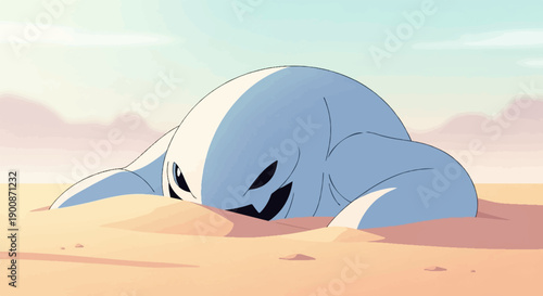 A cartoon monster emerges from sandy dunes under a soft sky