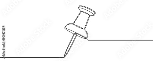 Push pin or thumbtack drawn in one line. Minimalist symbol of office supplies, pinning ideas, reminders, and workspace organization.
