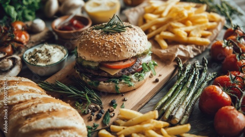 Wallpaper Mural Appetizing Gourmet Burger Presentation with Fresh Vegetables and Rustic Bread Torontodigital.ca