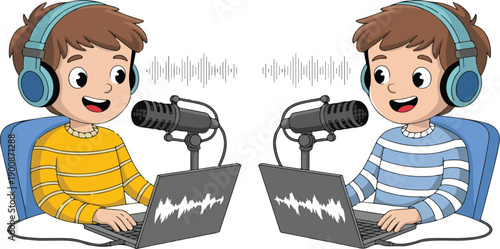 Cartoon Boy Podcasting Vector Illustration – Microphone, Headphones, and Laptop