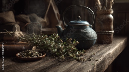 Wallpaper Mural Rustic Herbal Still Life: A Vintage Teapot with Dried Herbs and Wooden Elements Torontodigital.ca