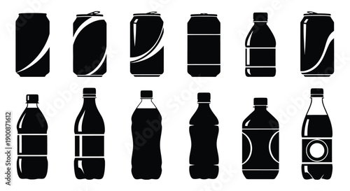 Soda can and plastic bottle silhouettes set for beverage packaging icons