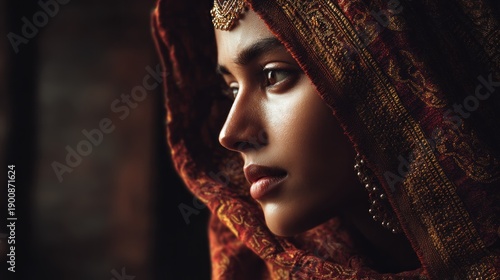 Wallpaper Mural Mystical Portrait of Woman in Traditional Indian Attire with a Soft Gaze Torontodigital.ca