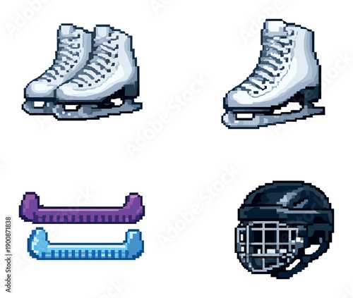 Pixel art ice skates, guards, and helmet on gradient background