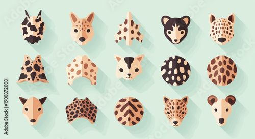 A collection of stylized animal heads and abstract patterned shapes