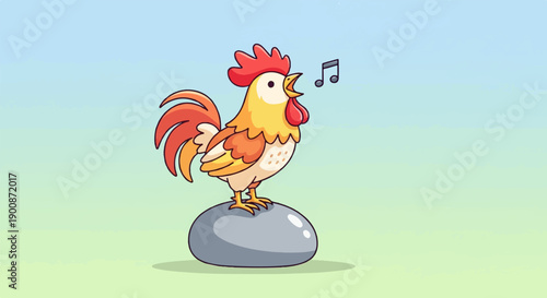 A cartoon rooster stands on a rock and sings with musical notes