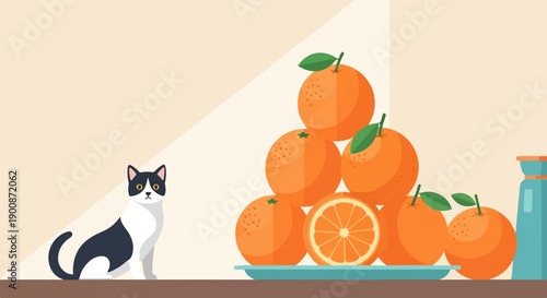 A cute black and white cat sits near a stack of oranges on a plate
