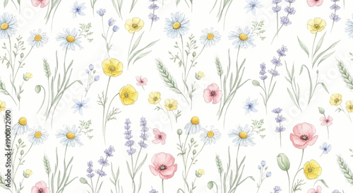 Vibrant wildflowers in a lush meadow with daisies and poppies