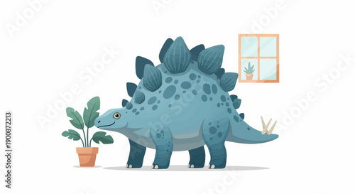 A cartoon stegosaurus with blue plates stands next to a potted plant