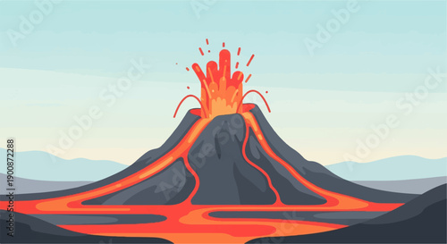 A cartoon volcano erupts, spewing fiery lava down its sides and into a river