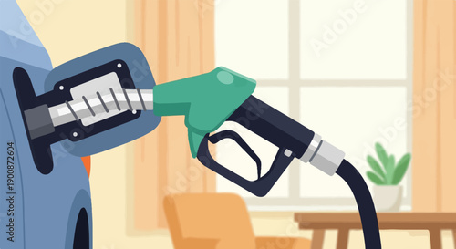 A blue car's gas tank is being filled by a green and black gas nozzle inside a room