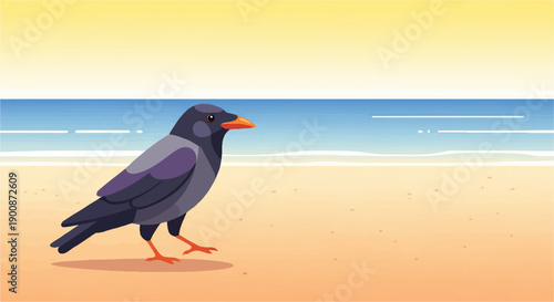 A crow walks on a sandy beach near the ocean