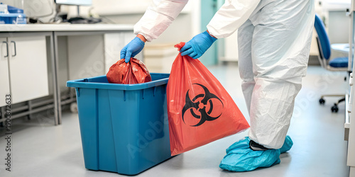 Medical staff handling biohazard waste representing hospital safety infection control and healthcare protocols