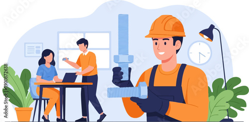 A diverse team collaborates on a project, with a worker assembling fasteners