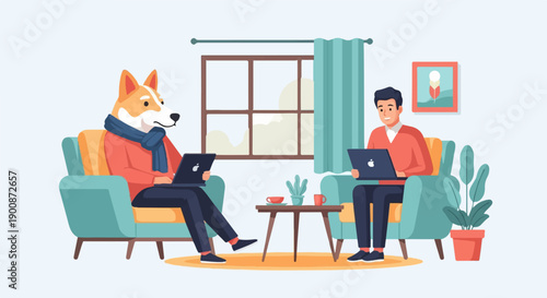A dog and a person sit in chairs using laptops in a living room