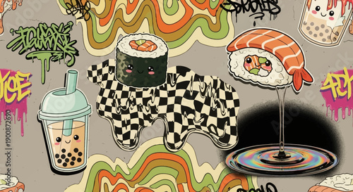 Vibrant food illustration with sushi and bubble tea