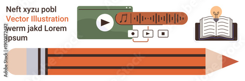 Education, learning, content creation, multimedia tools, online study, creative thinking. Pencil, open book video player interface audio equalizer. Education and content creation visual theme