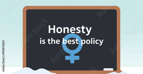 A chalkboard displays the words "Honesty is the best policy" with a female symbol
