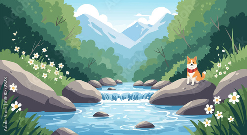 A dog sits on rocks by a stream with mountains in the background