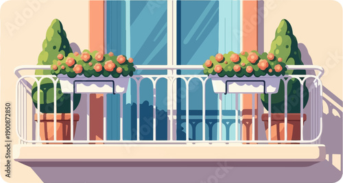 A charming balcony with potted plants and flowers, bathed in soft light