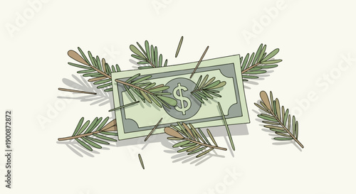 A dollar bill is partially covered by evergreen sprigs on a light background