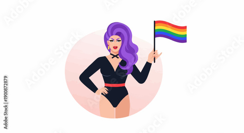A drag performer with purple hair holds a rainbow flag and poses confidently