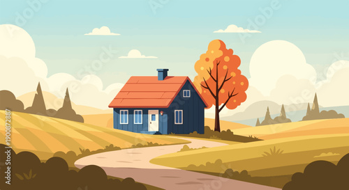 A charming blue house sits amidst golden autumn fields under a cloudy sky