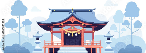 A colorful, pixelated illustration of a shrine with trees and lanterns