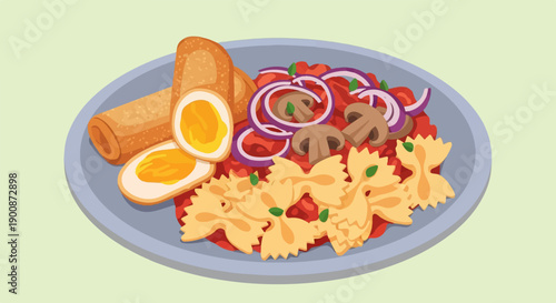 A colorful plate of pasta, spring rolls, and hard-boiled eggs with toppings