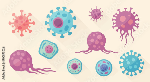 A colorful collection of stylized viruses and cells against a soft background