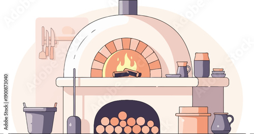 A charming flat design illustration of a rustic brick oven with burning logs inside