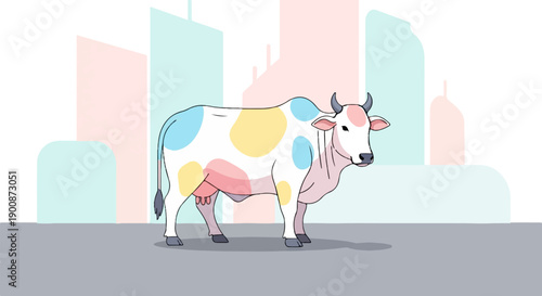 A colorful cow stands on a street with abstract building shapes behind