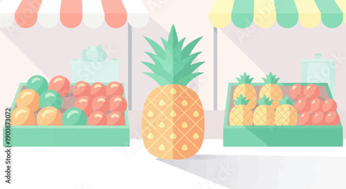 A colorful fruit stall displays pineapples, oranges, and red fruits under awnings