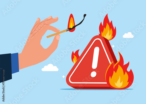 Businessman deliberately sets fire to exclamation mark of attention . Hot offer. Burnout and overwork. Flat vector illustration