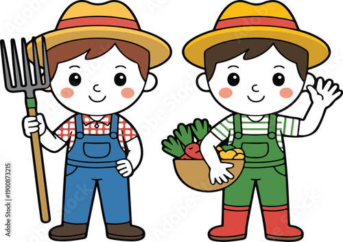 Cartoon Farmer Kids Vector Illustration – Children Gardening with Vegetables and Tools