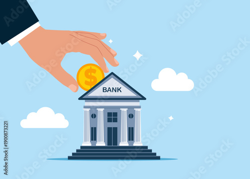 Hand putting dollar money a house bank money savings. Banking and financial services. Flat vector illustration.