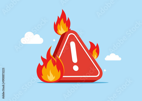 Exclamation mark of attention on fire. Hot offer. Burnout and overwork. Finish within deadline, frustration. Flat vector illustration