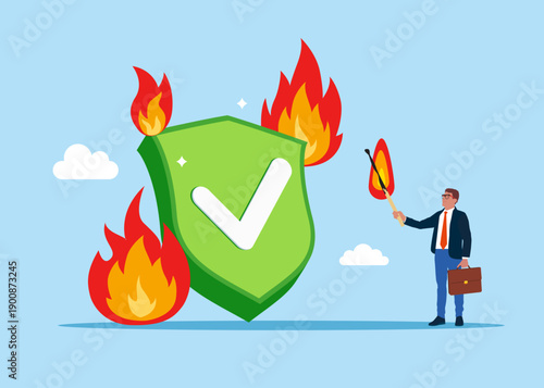 Businessman deliberately sets fire to green shield with check mark. Hot offer. Incident management, solving problem, identify risk. Flat vector illustration