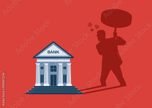 Bank house casting a shadow with businessman with sledgehammers about to break bank to find money. Flat vector illustration