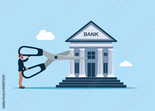 Businessman uses scissors to cut bank house with scissors. Divide money, share profits. Cost reduction or cut price. Modern flat vector illustration