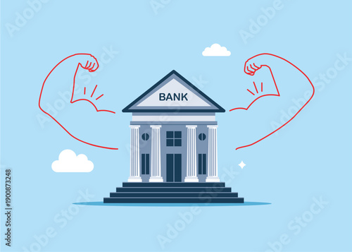 Bank house doing strong gesture. Money power. High esteem. Savings. Finance and industry.  Modern vector illustration in flat style