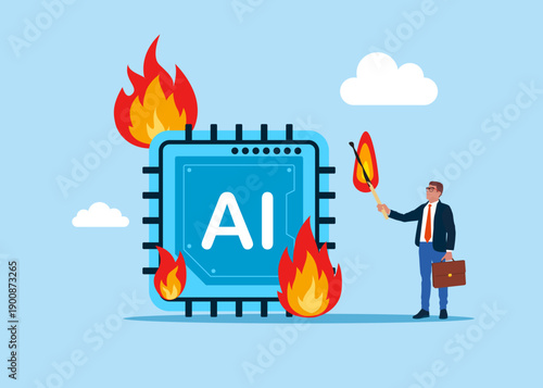 Businessman deliberately sets fire to chip AI. Artificial intelligence with Fire. Network, data, security, digital interface, connection. Modern flat vector illustration.