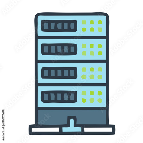 Stylized hand-drawn illustration of a data center server stack, depicting digital information processing, internet hosting, and core network infrastructure technology