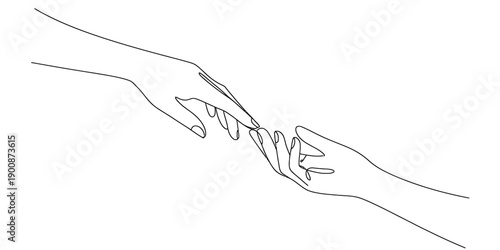 Minimalist continuous line drawing of two hands reaching out to touch each other Vector, illustration